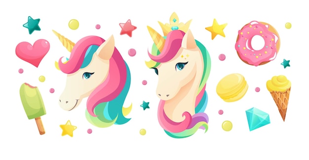 Linda cara de unicornio en estilo plano con dulces elementos de niña labios de helado corazón cristal arco iris