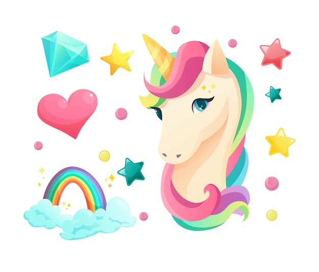 Linda cara de unicornio en estilo plano con dulces elementos de niña