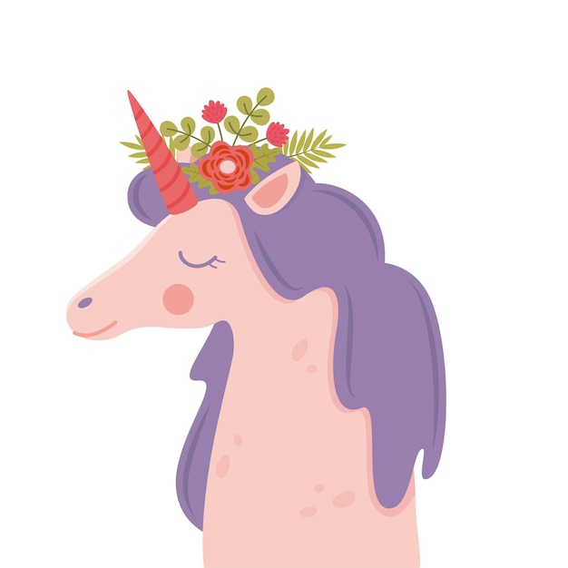 Linda cara de unicornio Personaje divertido con decoración de flores Ilustración de dibujos animados