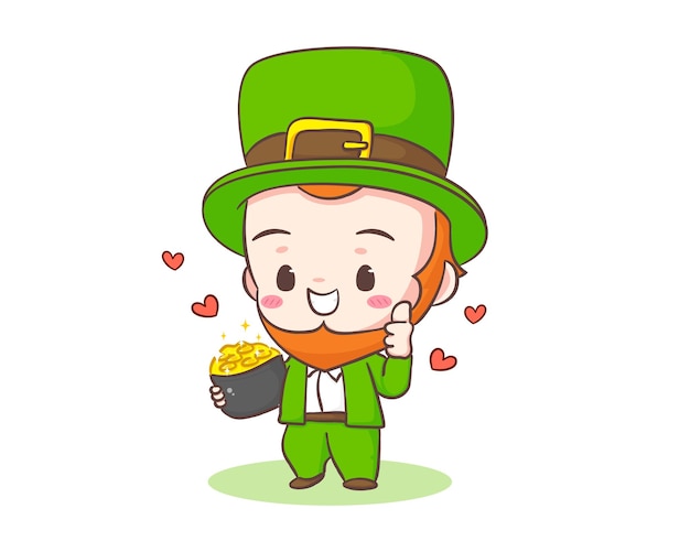 Linda caricatura adorable leprechaun sosteniendo una olla de moneda de oro.