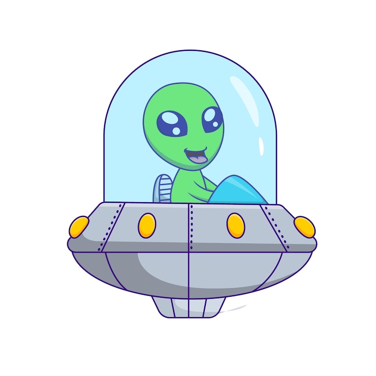 Vector linda caricatura alienígena montando un ovni. ilustración vectorial