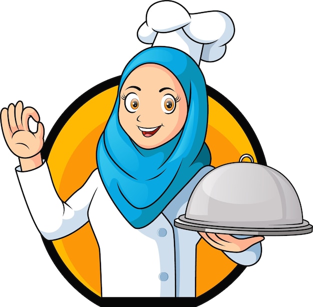 Linda caricatura de chica chef sosteniendo una bandeja de plata y un cartel de ok