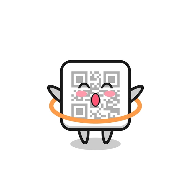 Linda caricatura de código qr está jugando hula hoop