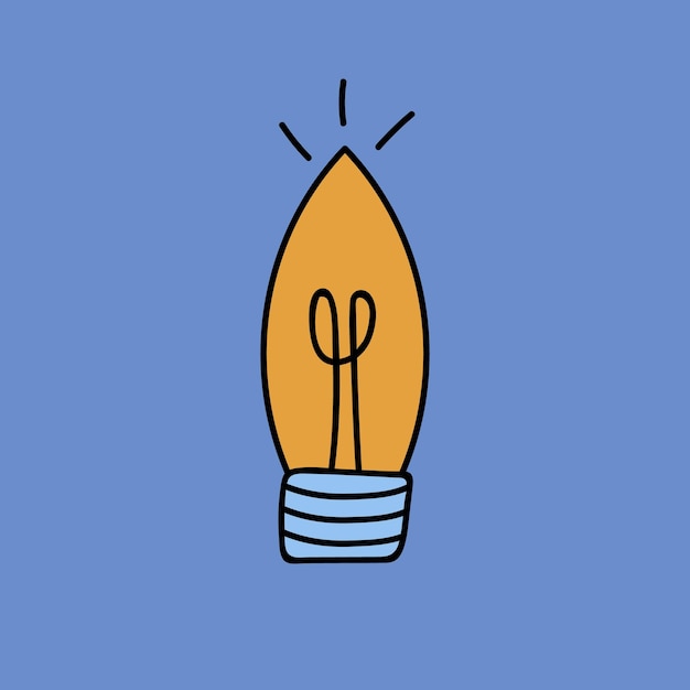 Linda caricatura dibujada a mano bombilla de la lámpara Idea de negocio exitosa lluvia de ideas creando ideas para los proyectos pensamientos brillantes en la mente Ilustración vectorial aislada en el fondo