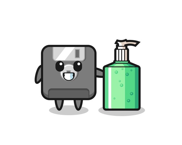 Linda caricatura de disquete con desinfectante de manos, diseño de estilo lindo para camiseta, pegatina, elemento de logotipo