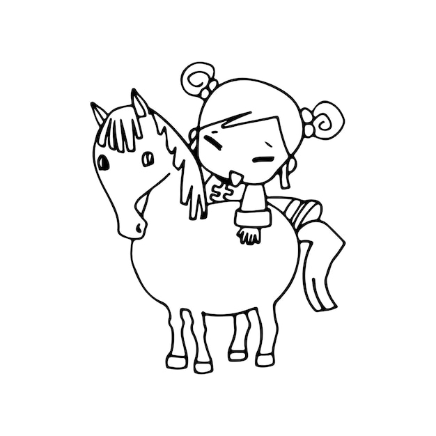 Linda caricatura feliz garabato niña china montando un caballo, boceto de dibujo infantil, personaje infantil