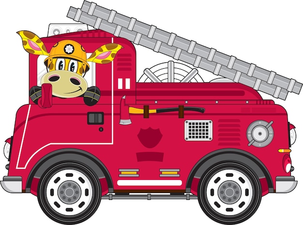 Linda caricatura jirafa bombero y bomberos servicios de emergencia ilustración