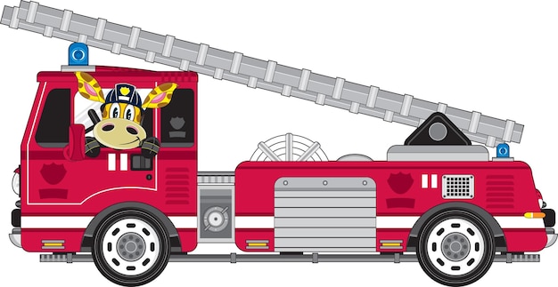 Vector linda caricatura jirafa bombero y bomberos servicios de emergencia ilustración