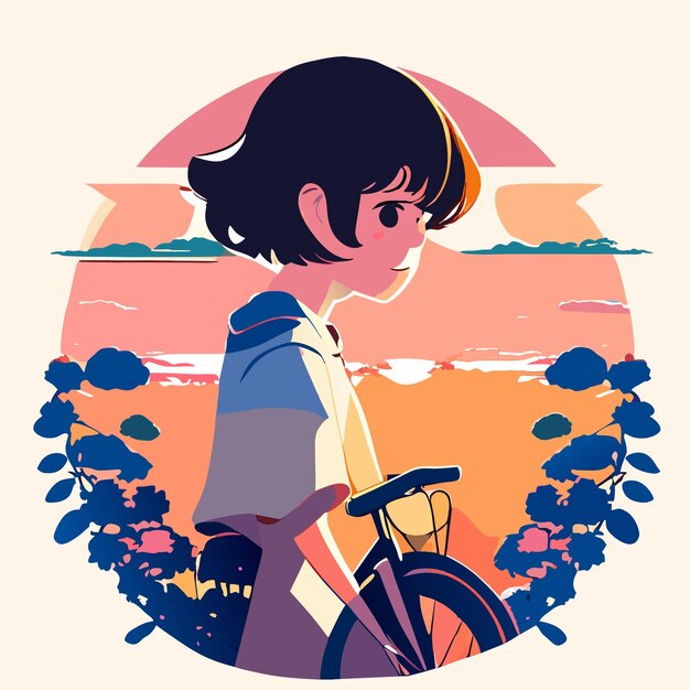 Linda caricatura de mujer joven montando una bicicleta con flores