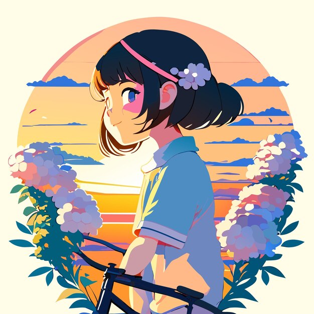 Vector linda caricatura de mujer joven montando una bicicleta con flores