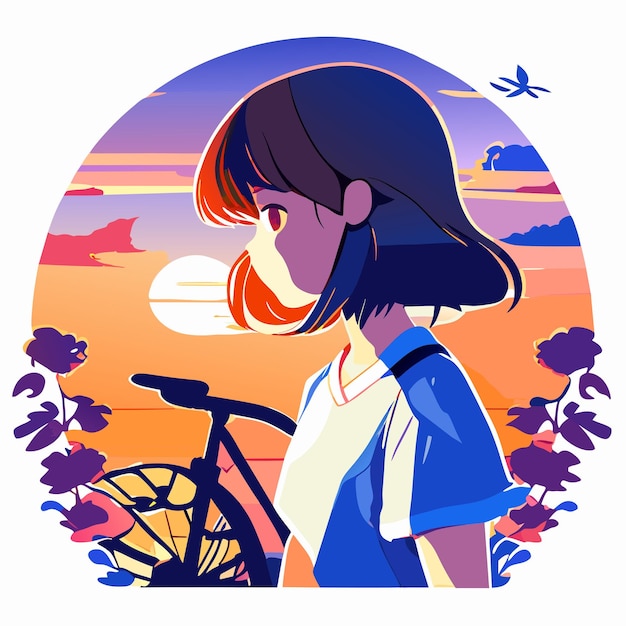 Linda caricatura de mujer joven montando una bicicleta con flores