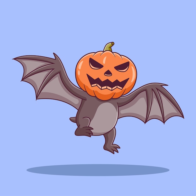 Linda caricatura de murciélago volador con máscara de calabaza. Personaje de dibujos animados de la mascota del murciélago