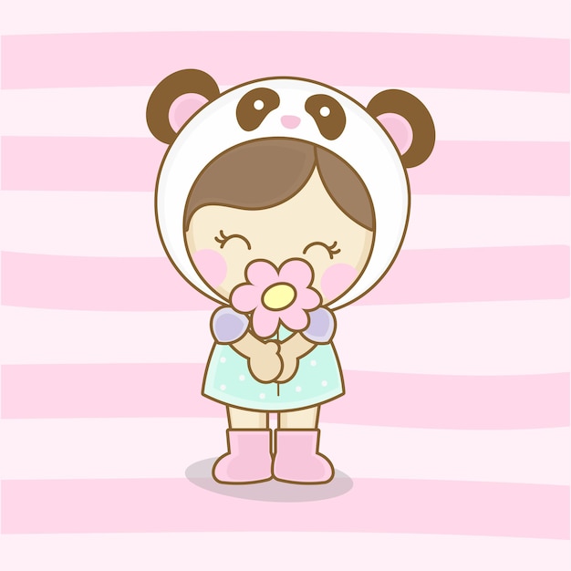 Vector linda caricatura de niña disfrazada de panda sosteniendo una flor