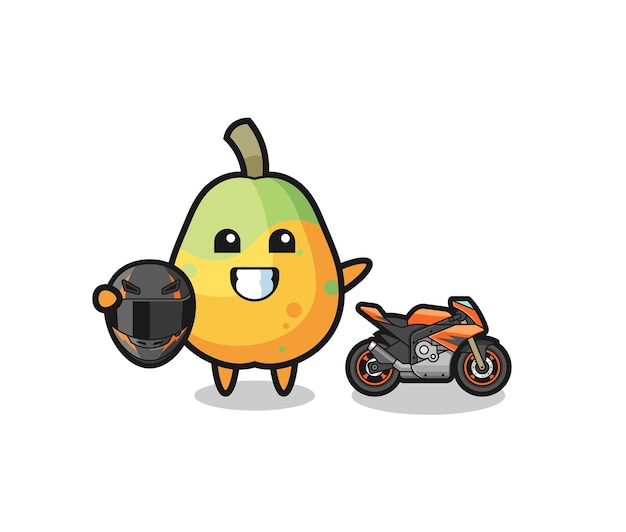 Linda caricatura de papaya como un lindo diseño de corredor de motocicletas