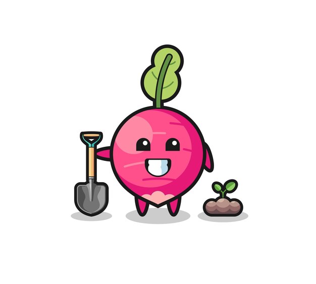 Linda caricatura de rábano está plantando un diseño lindo de semilla de árbol