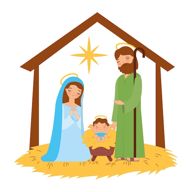 linda caricatura de la sagrada familia en el nacimiento del niño Jesús en el pesebre entre la noche oscura y la ilustración de vector de la estrella de belén