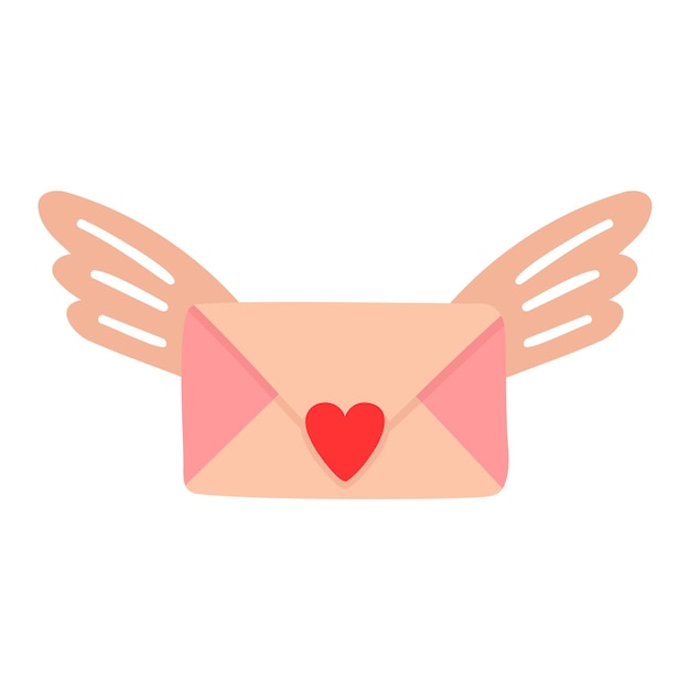 Linda carta de amor de garabato con ala con corazón. Ilustración vectorial dibujada a mano