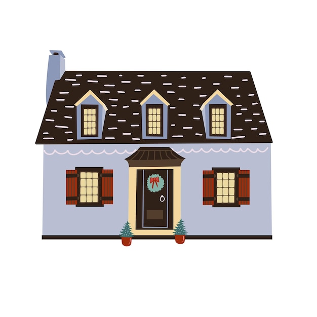 Linda casa de campo dibujada a mano con ventanas de puertas exterior de la casa con chimenea cabaña de pueblo doodle ilustración de vector plano coloreada aislada sobre fondo blanco