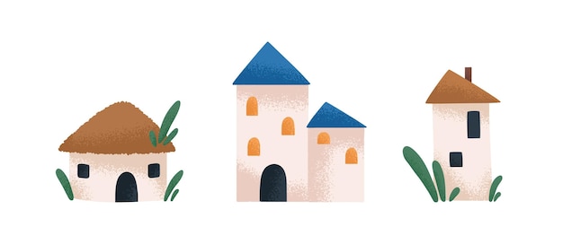 Linda casa de cuento de hadas, hogar, castillo y torre. Conjunto de edificios infantiles abstractos. Pequeñas construcciones de cuentos de hadas para ficción infantil. Niños ilustraciones vectoriales planas aisladas sobre fondo blanco.