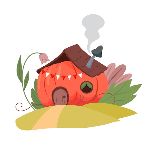 Linda casa de hadas en calabaza grande. ilustración de vector de otoño en estilo de dibujos animados.