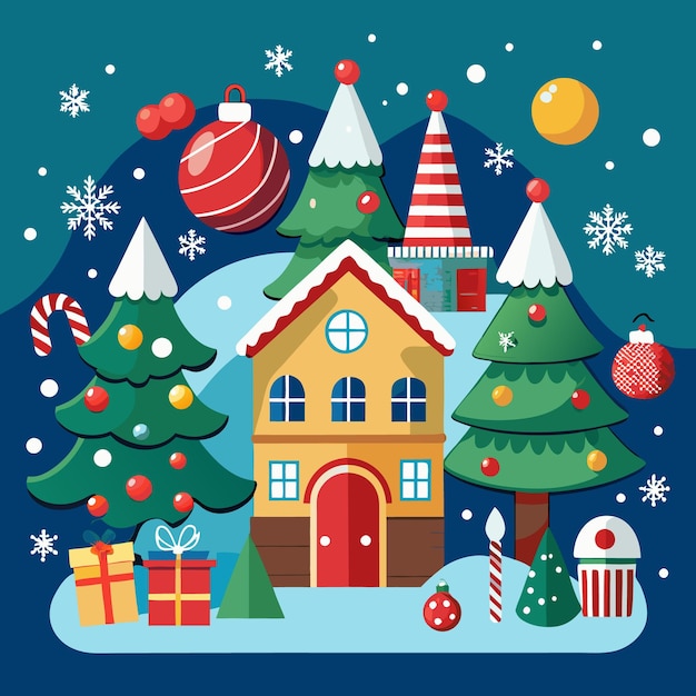 Una linda casa de Navidad de dibujos animados con árboles nevados presenta bastones de caramelo y adornos sobre un fondo azul