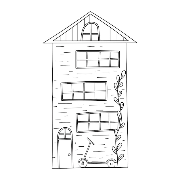 Linda casa simple de tres pisos y scooter en estilo boceto de dibujo