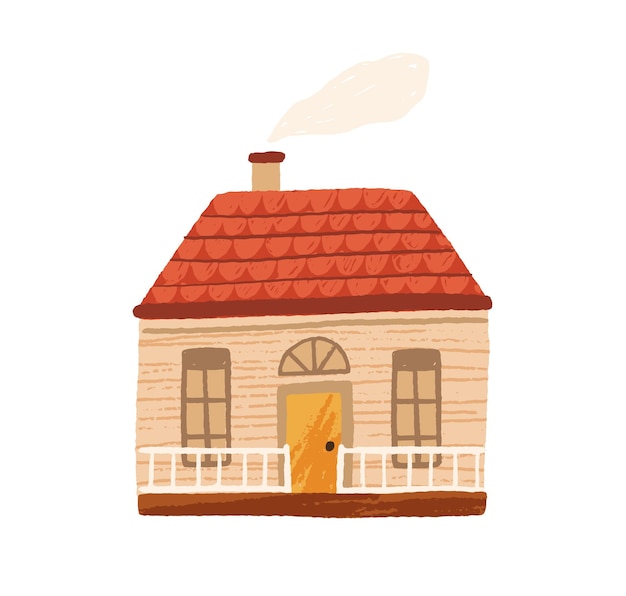 Linda casita de campo con puerta, ventanas y terraza. Fachada de casa con chimenea y humo. Exterior de cabaña de pueblo de madera. Ilustración de vector de textura plana aislado sobre fondo blanco.