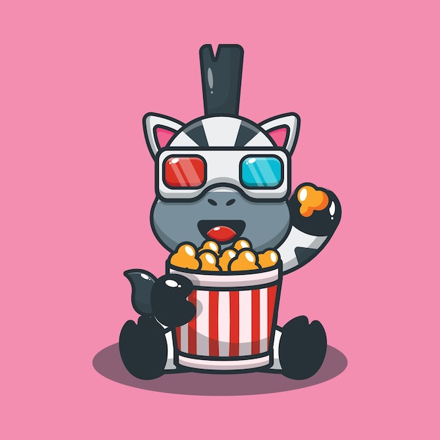 Linda cebra comiendo palomitas de maíz y viendo películas en 3D