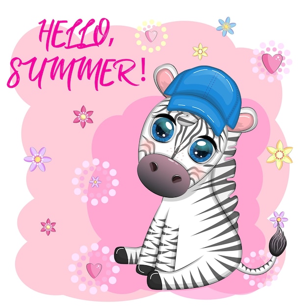 Vector linda cebra en un personaje infantil de sombrero de playa animal en ropa de verano vacaciones de verano vacaciones