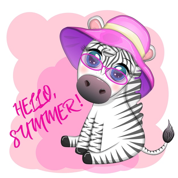 Vector linda cebra en un personaje infantil de sombrero de playa animal en ropa de verano vacaciones de verano vacaciones