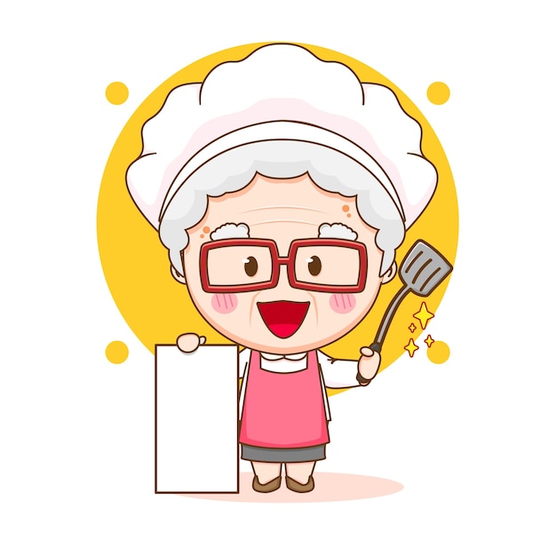 Linda chef abuela con tablero en blanco chibi personaje de dibujos animados dibujados a mano