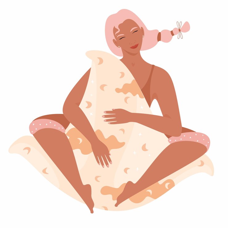 Linda chica abrazando gran almohada suave Carácter simple de mujer durmiendo con estrellas y almohada de luna