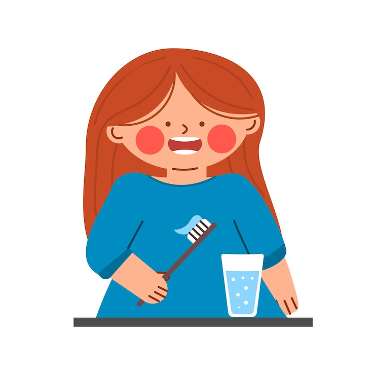 Vector linda chica adolescente de carácter. rutina matutina de procedimientos de higiene. bebé niño en el baño. ilustración vectorial