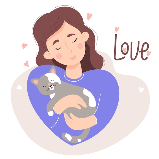 Linda chica amor con gato dormido Concepto de amor por las mascotas Hermoso personaje femenino en estilo plano