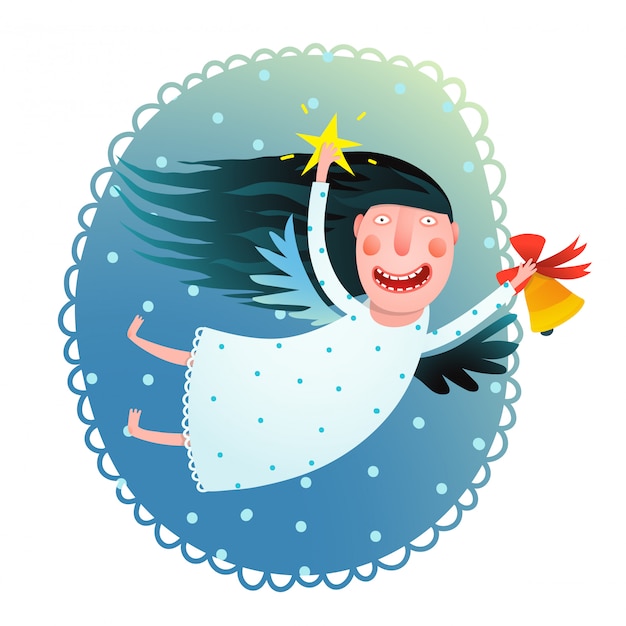 Vector linda chica ángel sosteniendo estrella y campana volando en la noche feliz navidad tarjeta de felicitación