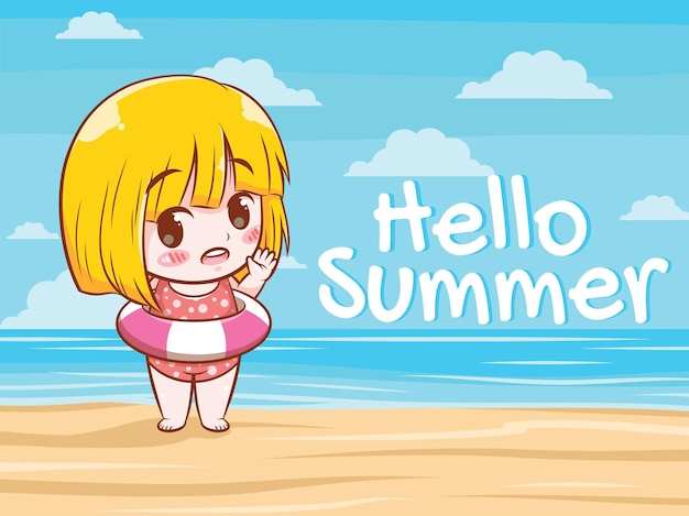 Una linda chica con un anillo de natación dice hola verano verano saludo ilustración