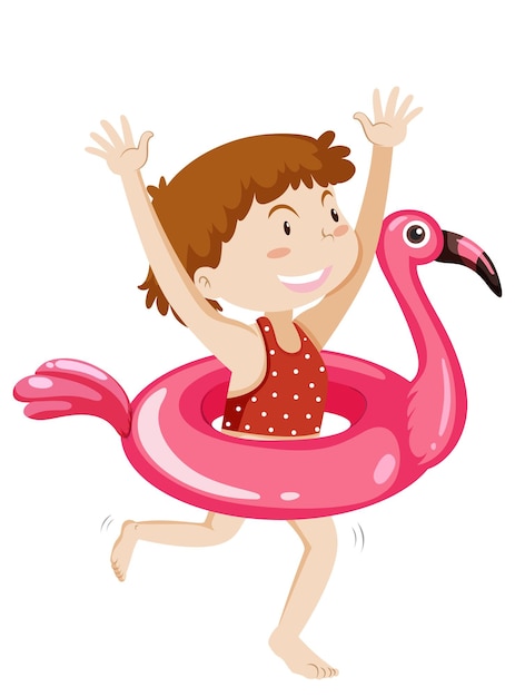 Linda chica con anillo de natación de dinosaurio aislado