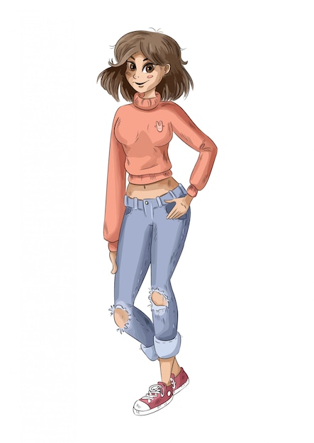 Linda chica de anime estilo comic. Imagen dibujada a mano de dibujos animados