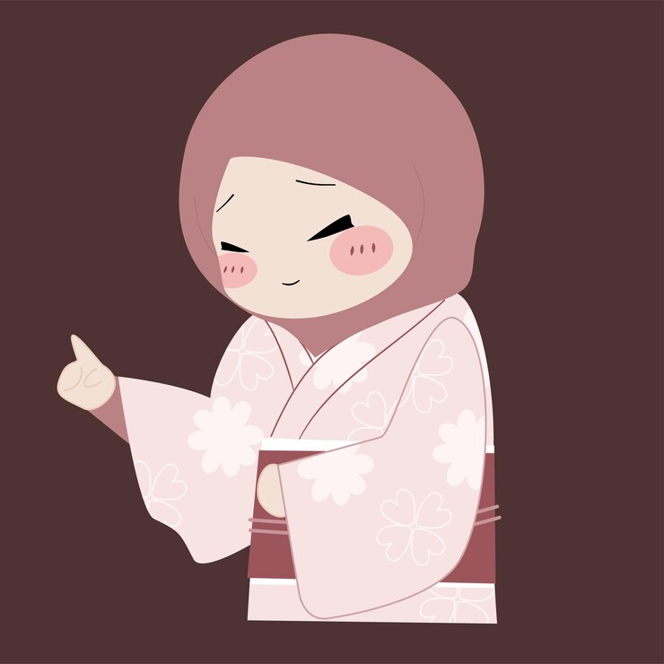 Una linda chica de anime con hijab y kimono sonriendo dulcemente