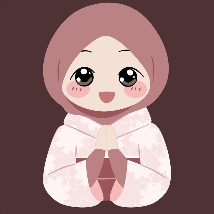 Una linda chica de anime con hijab ofreciendo un saludo de bienvenida
