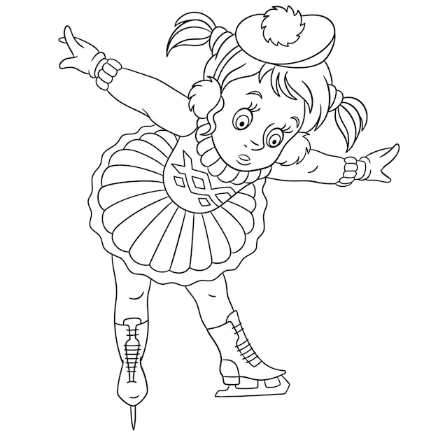 Linda chica aprendiendo a patinar sobre hielo. página del libro de colorear de dibujos animados para niños.