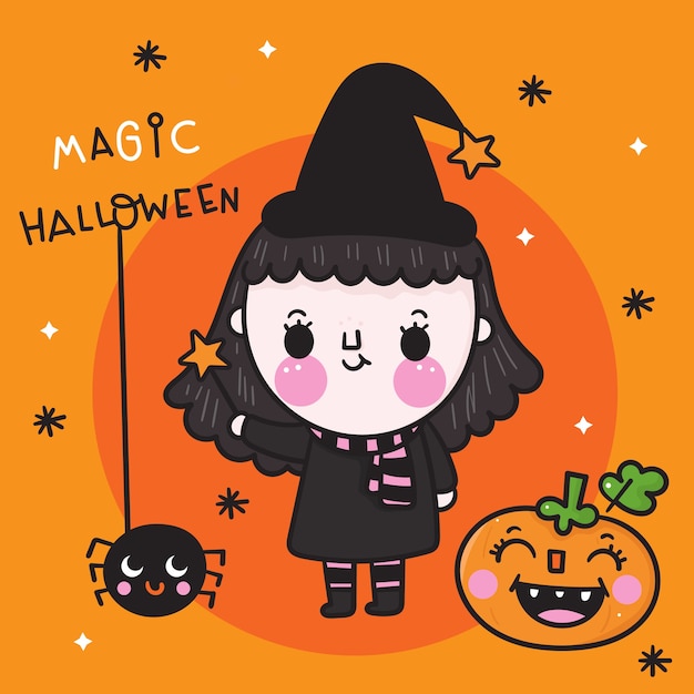 Linda chica bruja de halloween con calabaza y araña kawaii cartoon