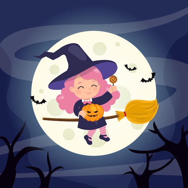 Linda chica bruja volando con escoba Ilustración de feliz Halloween Diseño de dibujos animados de vector plano