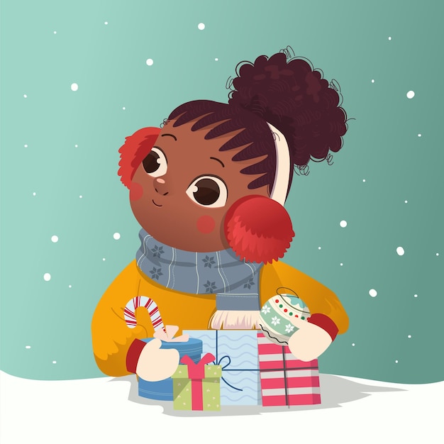 Linda chica con cabello afro celebra la víspera de navidad y recibió una gran cantidad de ilustraciones de regalos