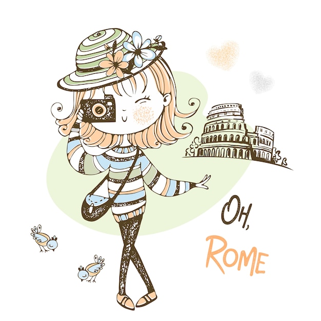 Una linda chica con una cámara toma fotos en roma. turista. viaje.