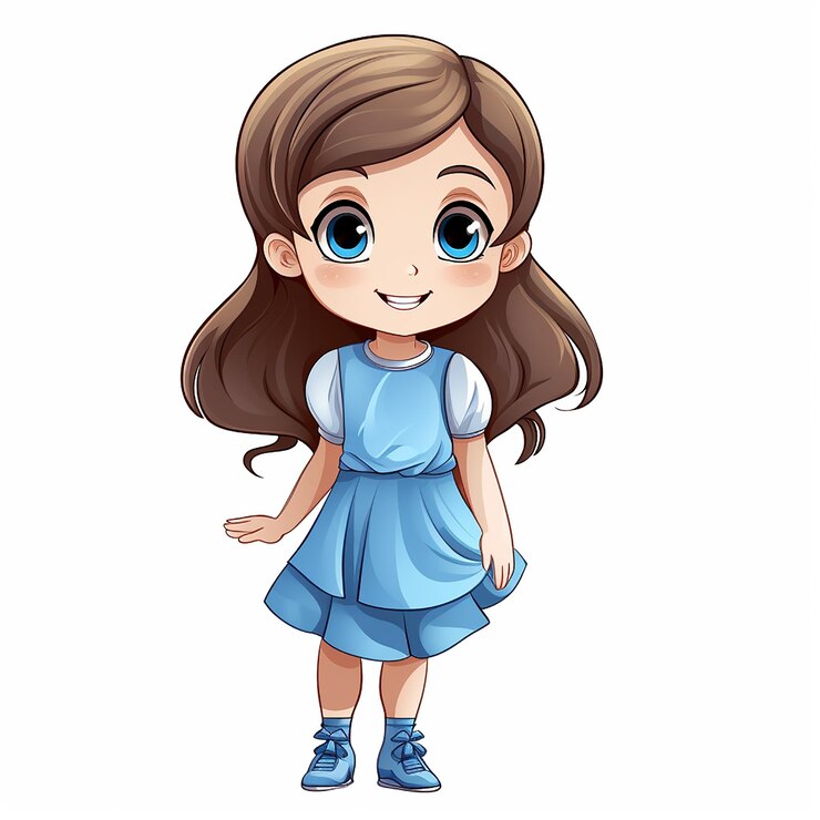 Linda chica con una camisa azul y un personaje de dibujos animados de ojos azules