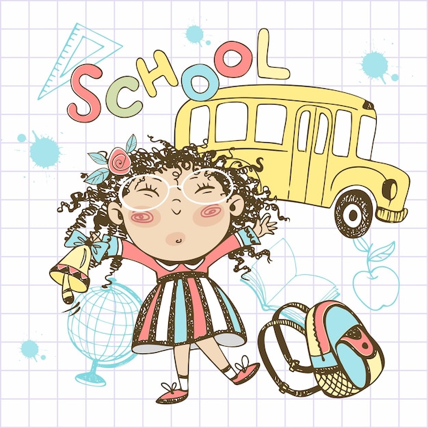 Una linda chica con una campana y un maletín va a la escuela Regreso a la escuela El autobús escolar Vector