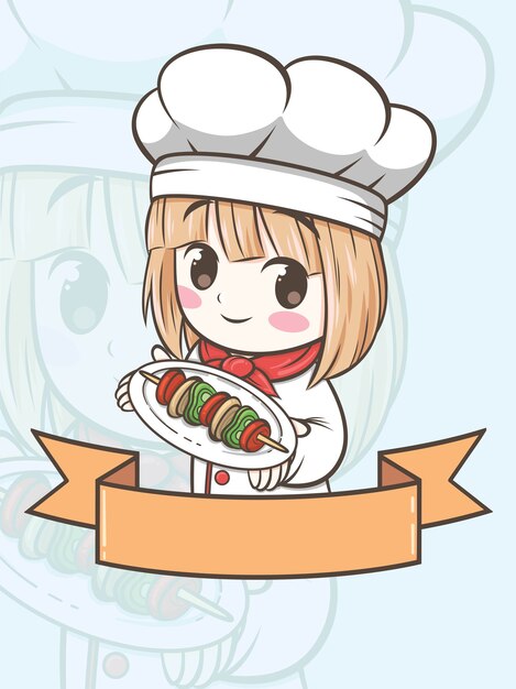 Linda chica de chef de barbacoa sosteniendo una carne a la parrilla - personaje de dibujos animados e ilustración de logotipo