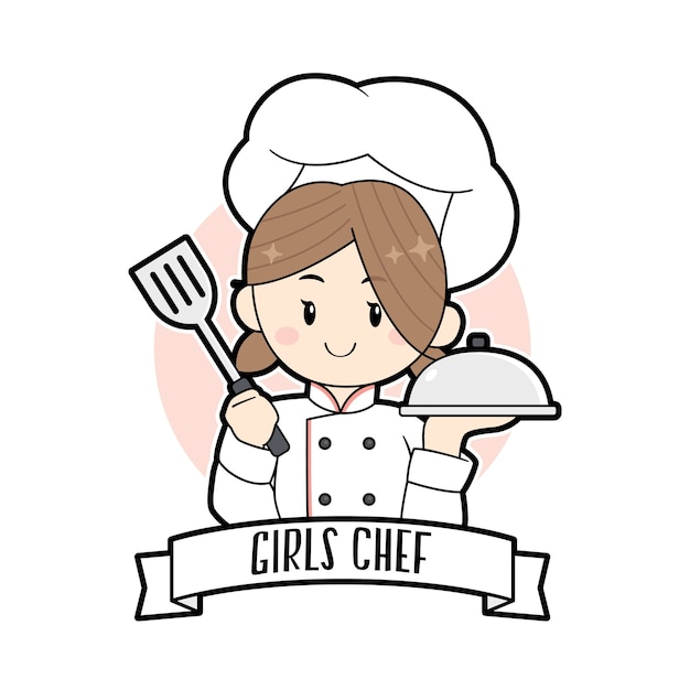 Vector linda chica chef con logo de dibujos animados de espátula