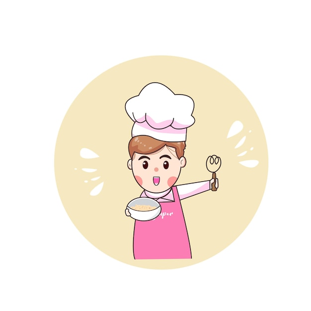 Linda chica chef de panadería sonriendo en uniforme ilustración de arte de dibujos animados de mascotas